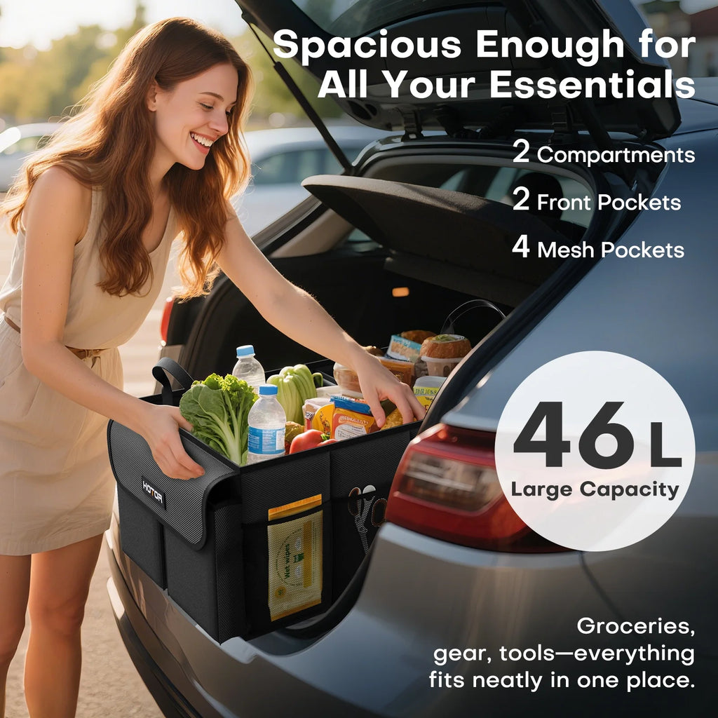Trunk Organizer for Car and SUV - Large-Capacity Car Organizer with Multiple Compartments, Foldable Car Organization for Car Accessories, Tools, Sundries, Black