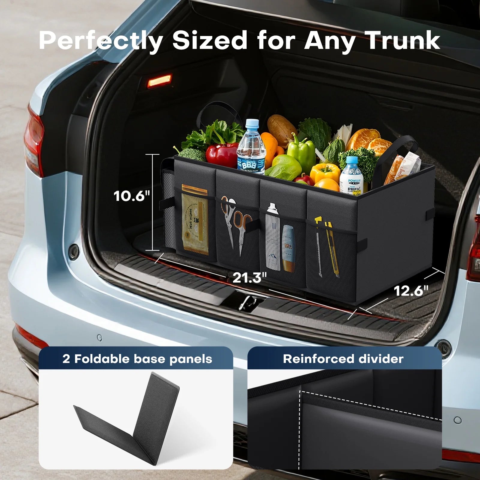 Trunk Organizer for Car and SUV - Large-Capacity Car Organizer with Multiple Compartments, Foldable Car Organization for Car Accessories, Tools, Sundries, Black