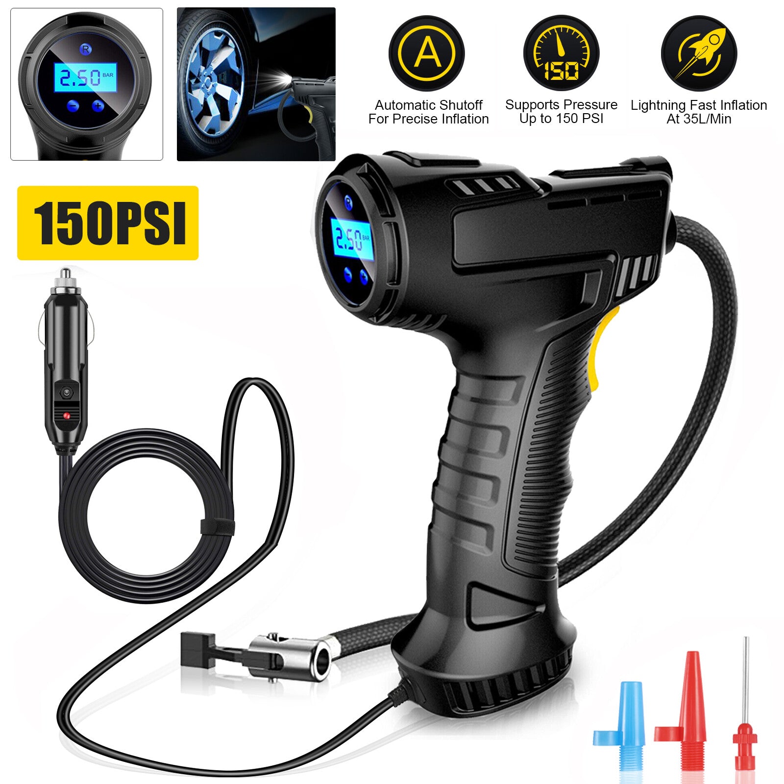 150 PSI Air Compressor Tire Inflator Fits Car Moto Bike Tires Air Pump Portable