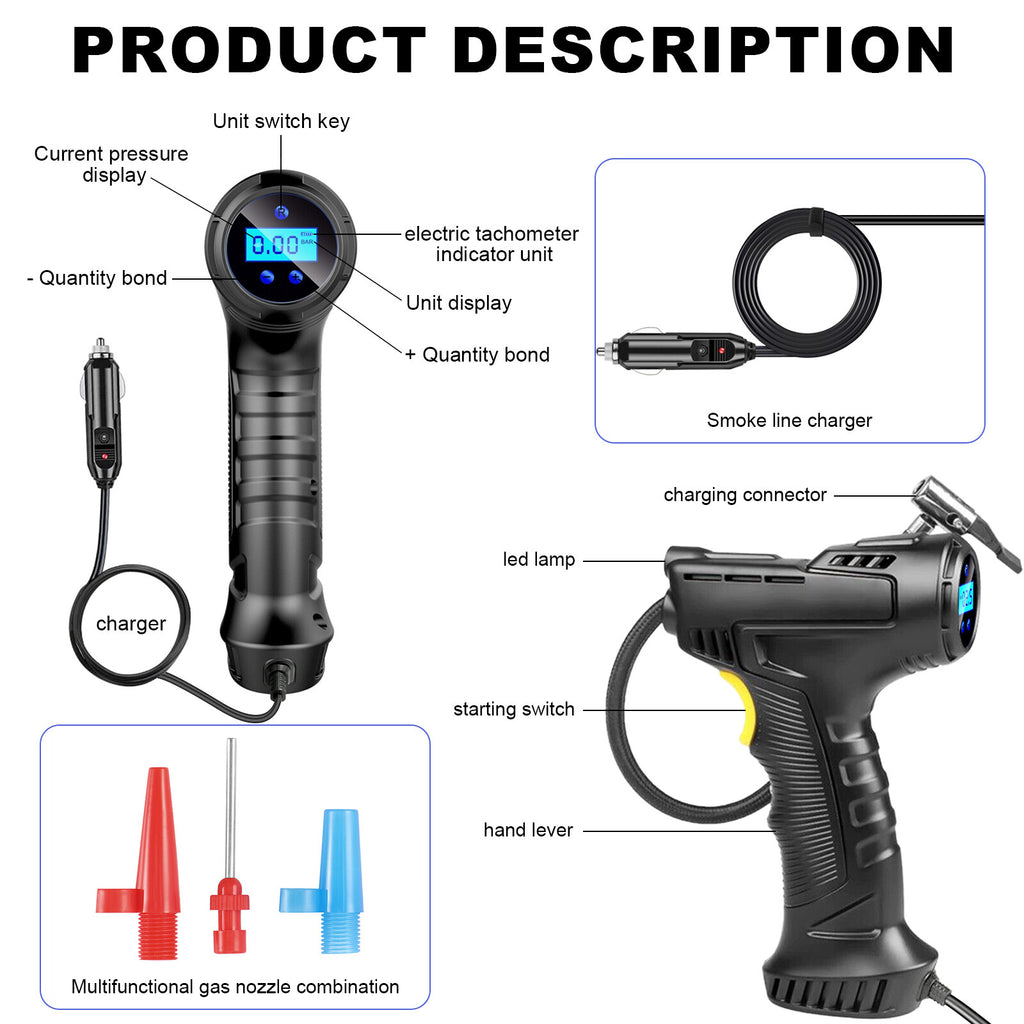 150 PSI Air Compressor Tire Inflator Fits Car Moto Bike Tires Air Pump Portable
