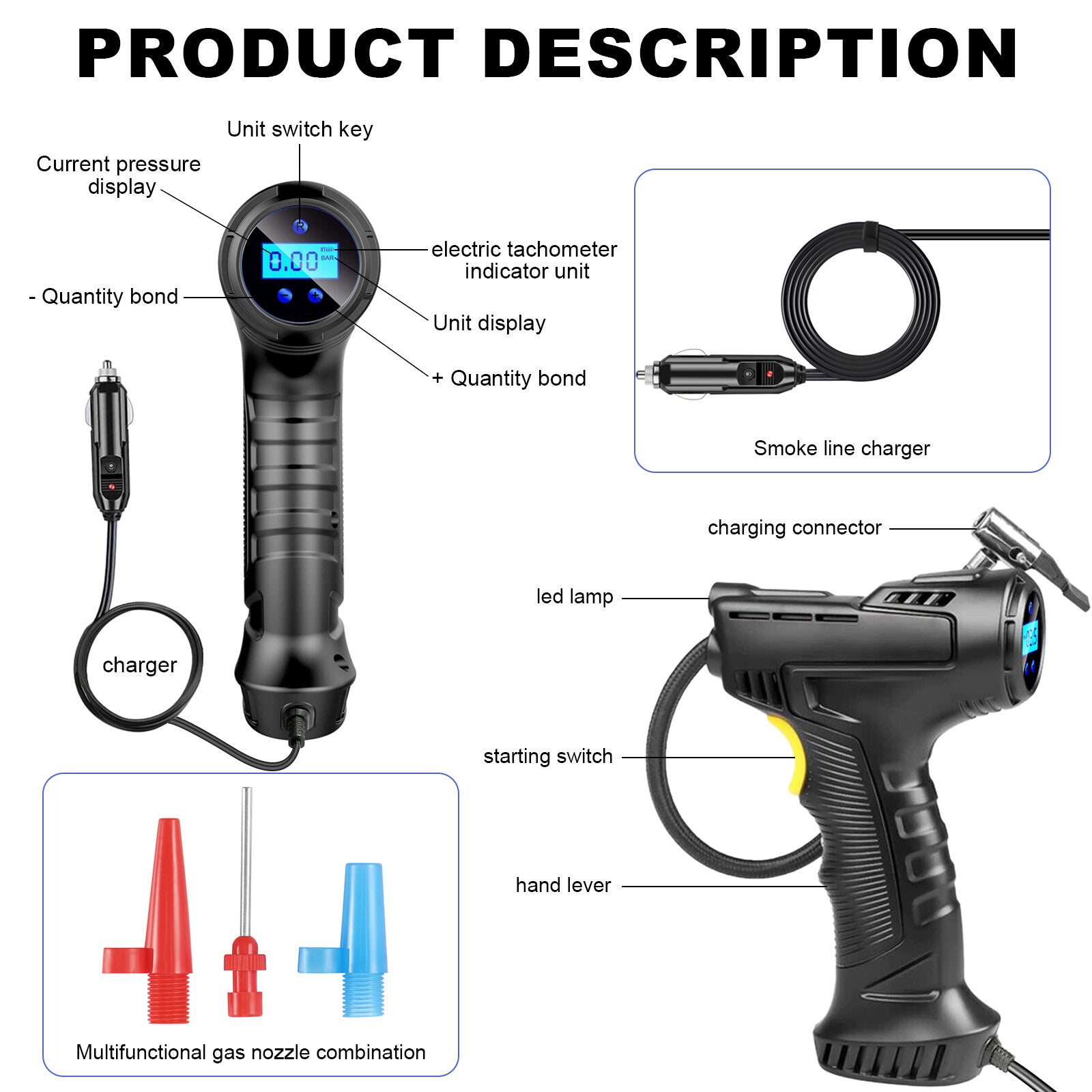 150 PSI Air Compressor Tire Inflator Fits Car Moto Bike Tires Air Pump Portable