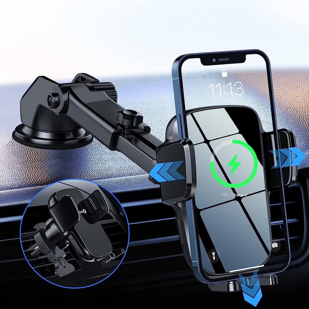 3 in 1 Wireless Car Charger, 15W Smart Sensor Auto Clamping Air Vent Dashboard Windshield Car Phone Charging Holder Mount, Compatible for Iphone, Samsung, Google, LG, Etc