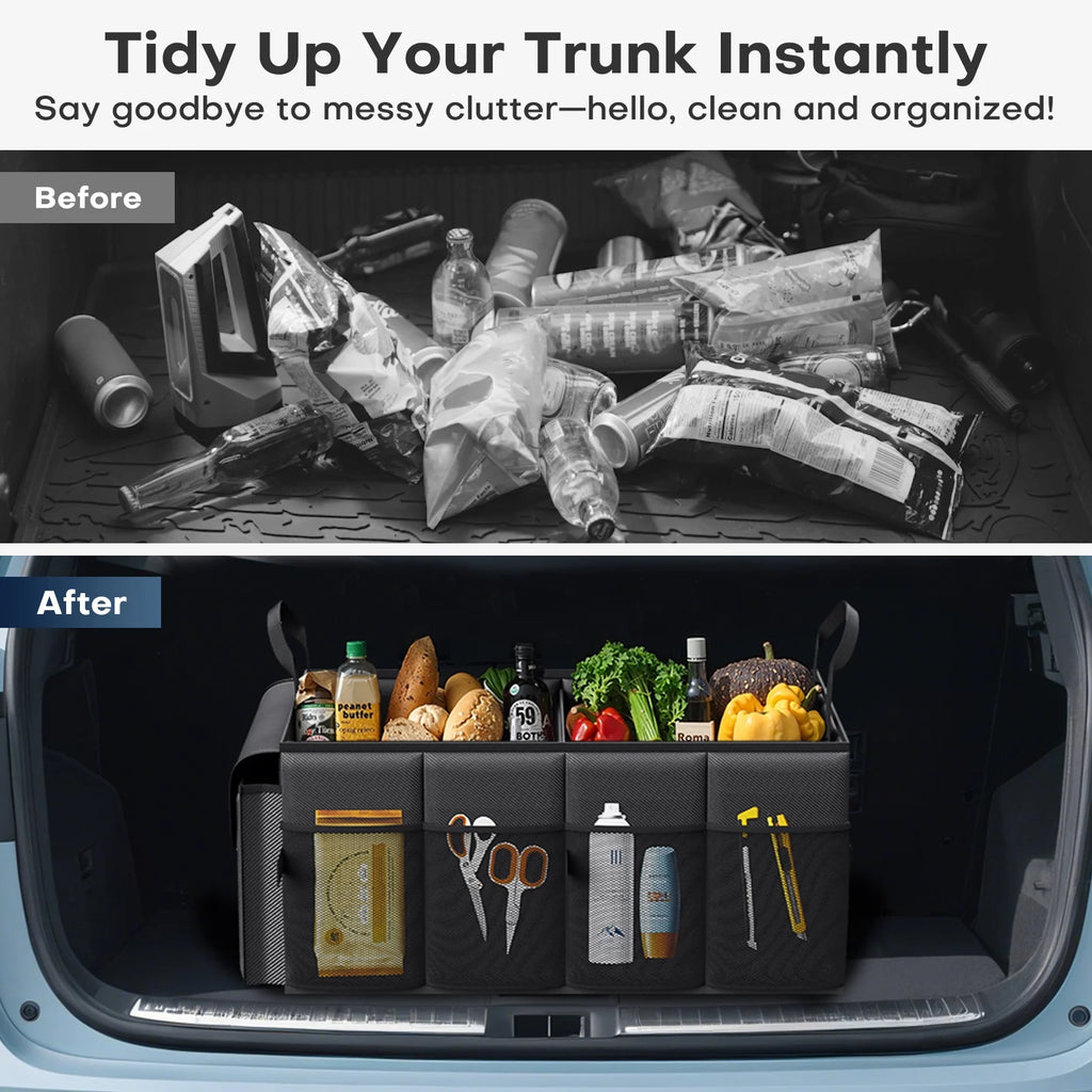 Trunk Organizer for Car and SUV - Large-Capacity Car Organizer with Multiple Compartments, Foldable Car Organization for Car Accessories, Tools, Sundries, Black